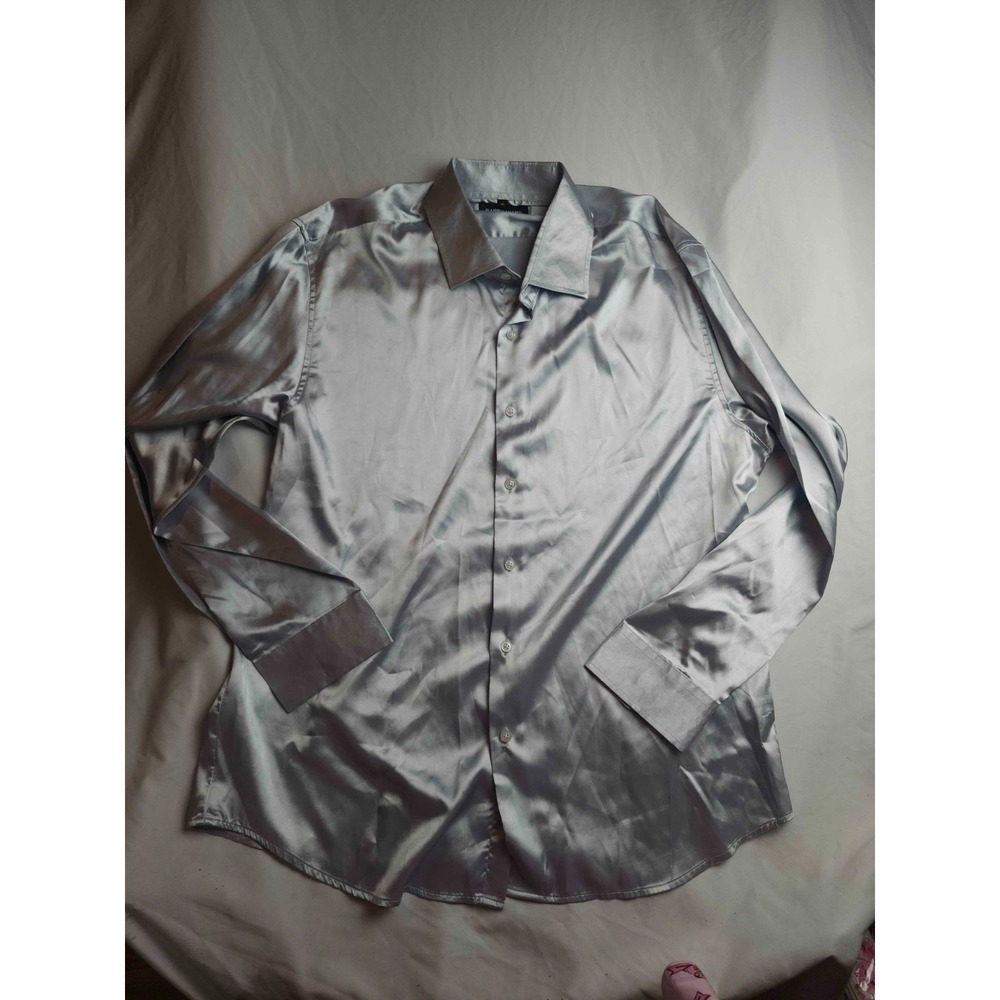 Barry Wang Button Up Shirt Mens XL Silver Satin Long Sleeve Glossy Formal Casual